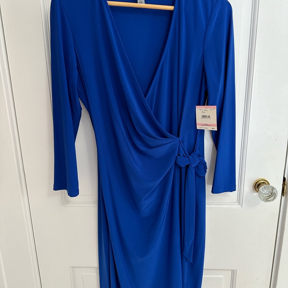 Anne Klein Royal Blue Wrap-Front Long Sleeve Dress